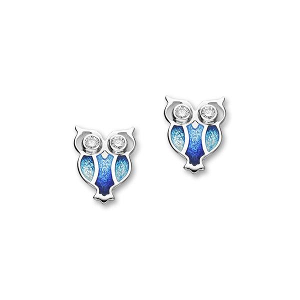 Nature in Flight Sterling Silver & Cubic Zirconia Enamel Owl Stud Earrings, ECE24