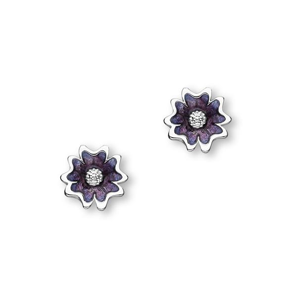 Scottish Primrose Sterling Silver & Purple Enamel 9mm Stud Earrings, EE618