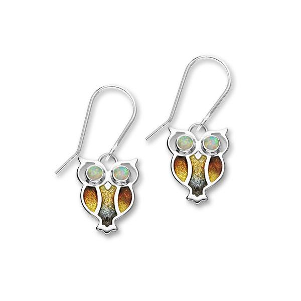 Nature in Flight Sterling Silver & Opal Enamel Owl Drop Earrings, ESE28