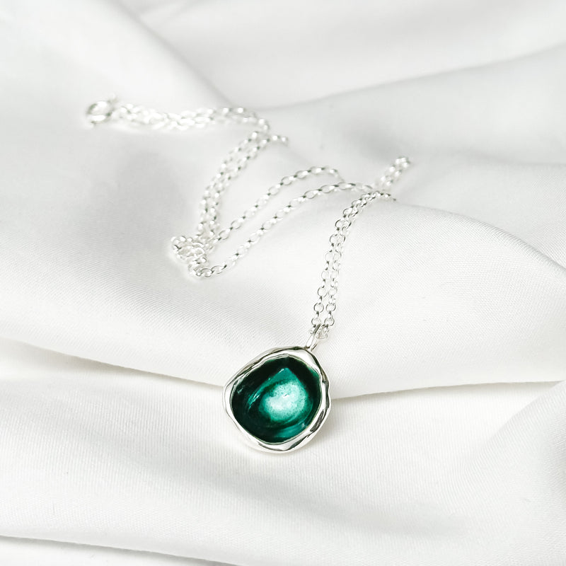 'Lost Forest' Green Enamel Sterling Silver Droplet Deep Necklace EP496
