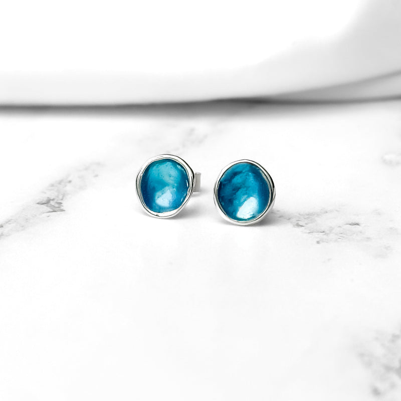 'Carrick Bay' Blue Enamel Silver Droplet Stud Earrings EE635