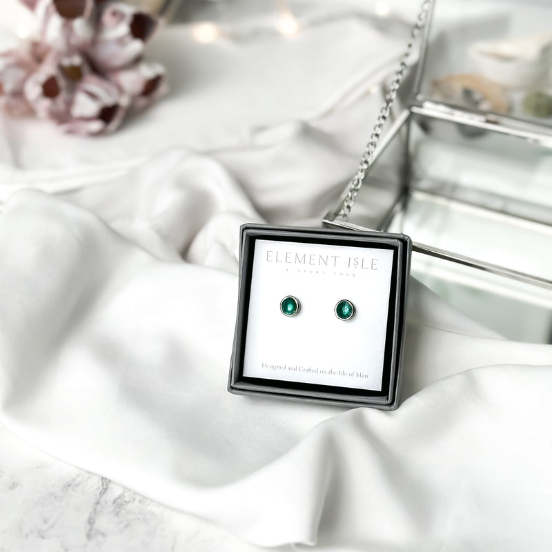 'Lost Forest' Green Enamel Silver Droplet Stud Earrings EE635