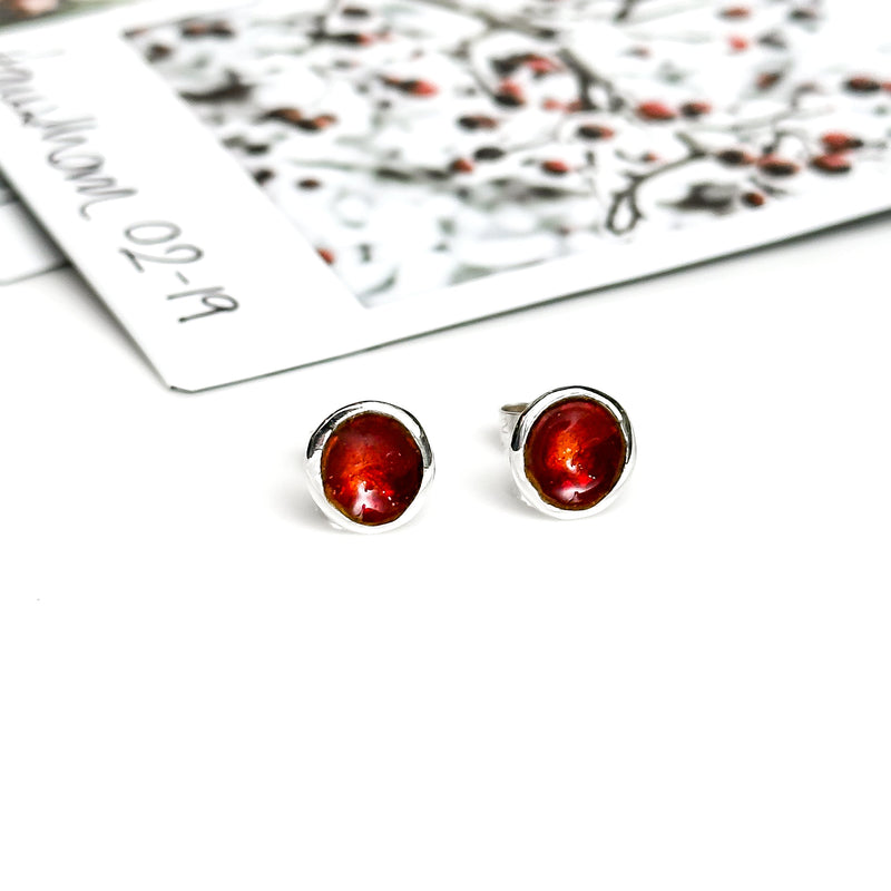 'Hawthorn Berry' Red Enamel Silver Droplet Stud Earrings EE635