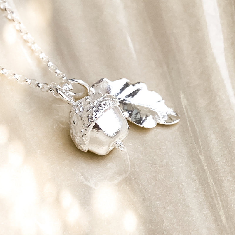 Sterling Silver Small Acorn and Oak Leaf Charm Necklace P1477