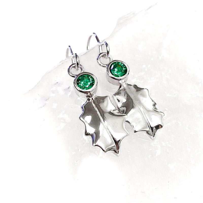 Sterling Silver Holly Leaf Earrings - Red, Green or Clear Gemstone CE470