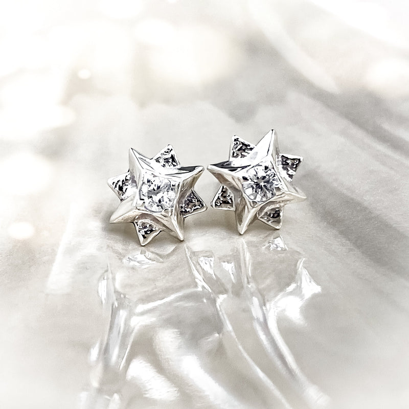 North Star Sterling Silver Stud Earrings with White Cubic Zirconia CE468