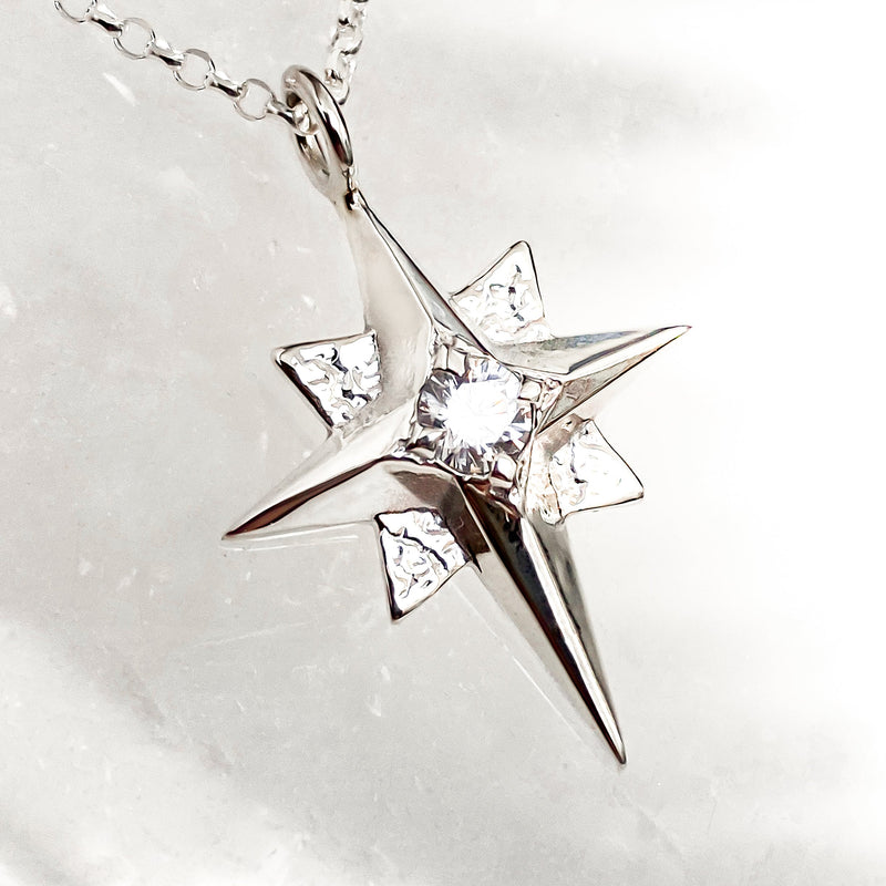 North Star Silver Pendant Necklace with White Cubic Zirconia CP394