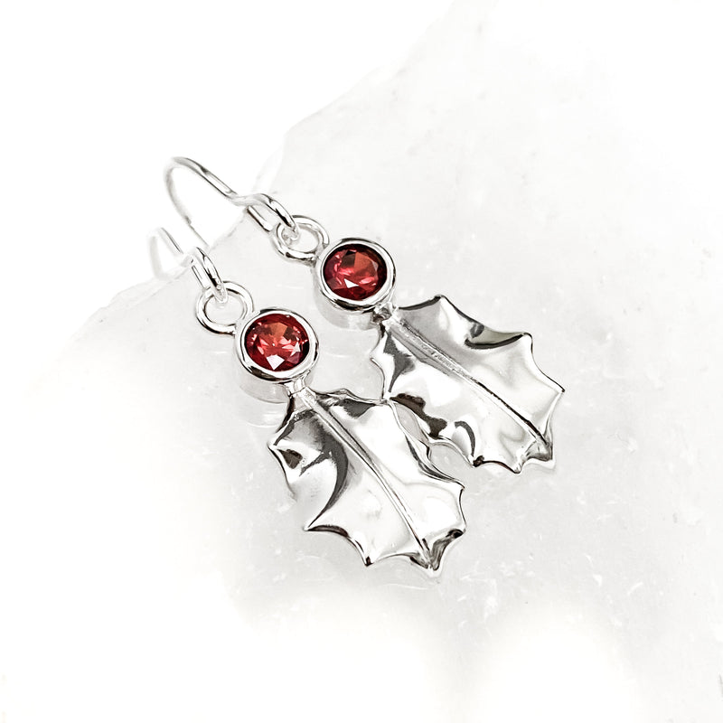 Sterling Silver Holly Leaf Earrings - Red, Green or Clear Gemstone CE470